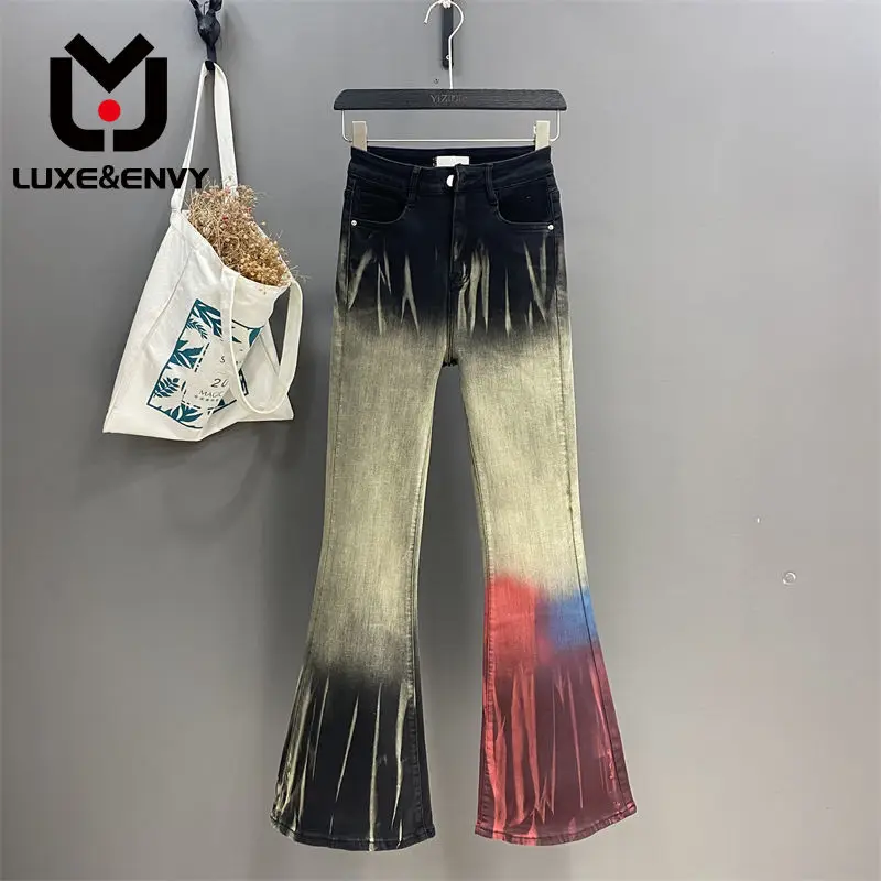 

Узкие брюки-клеш LUXE & ENVY с завышенной талией, эластичные джинсовые брюки контрастных цветов, осень 2023