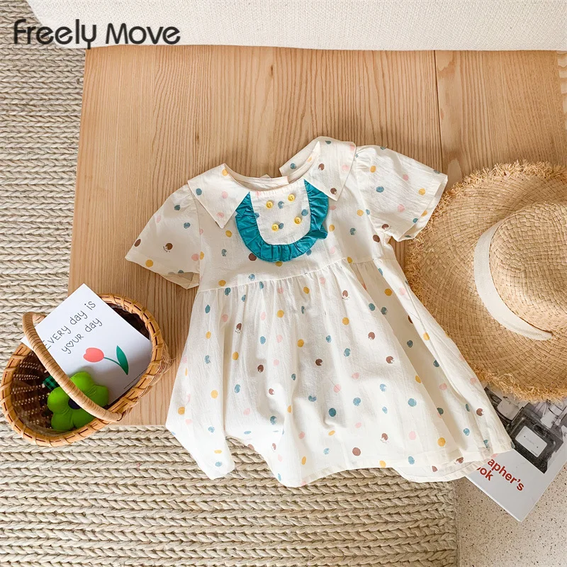 

Freely Move Summer Girls Dress Lapel Short Sleeve Dots Print Korean Sweet Princess Dress Baby Kids Children'S Clothing