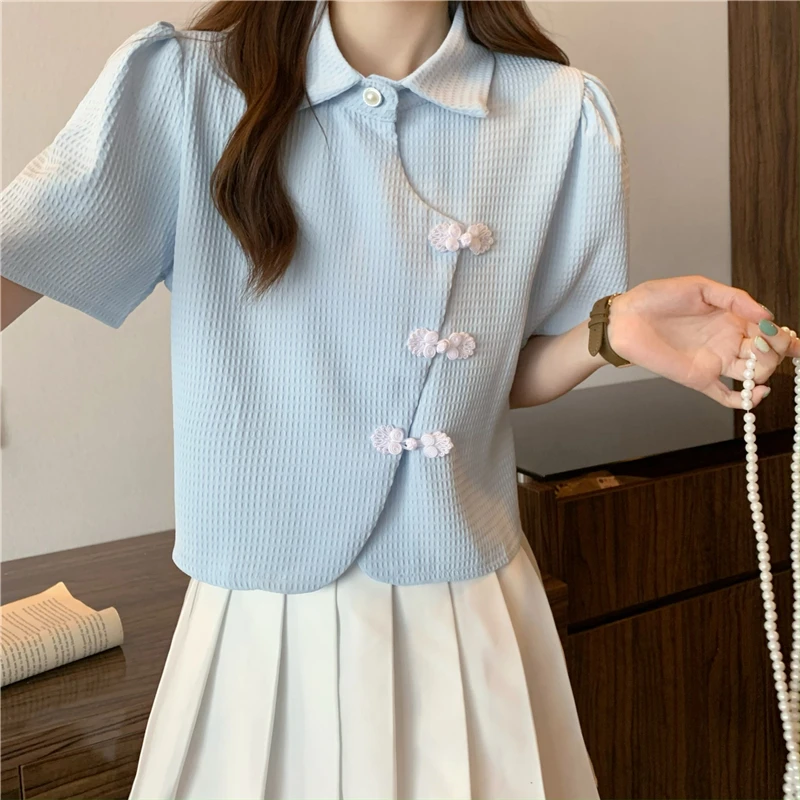 Summer New Chinese Style Women Shirts Elegant Vintage Cheongsam Buckle Blouses Fashion Stand Collar Short Sleeve Crop Tops