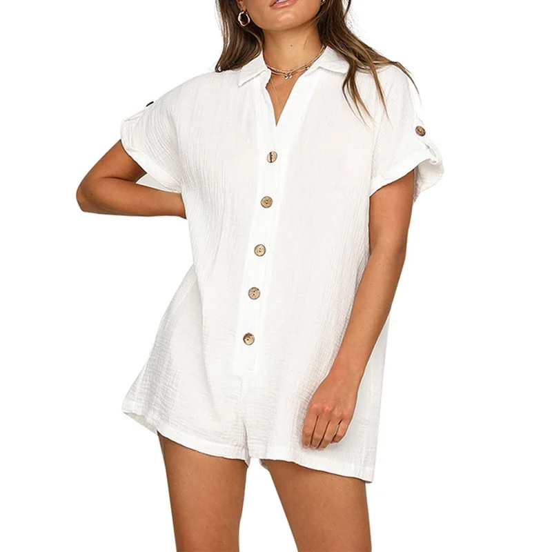 Women Casual Button Up Pockets Rompers 2023 Loose Wide Leg Sexy Jumpsuit Solid Shorts Summer Short Sleeve Linen Casual Playsuit