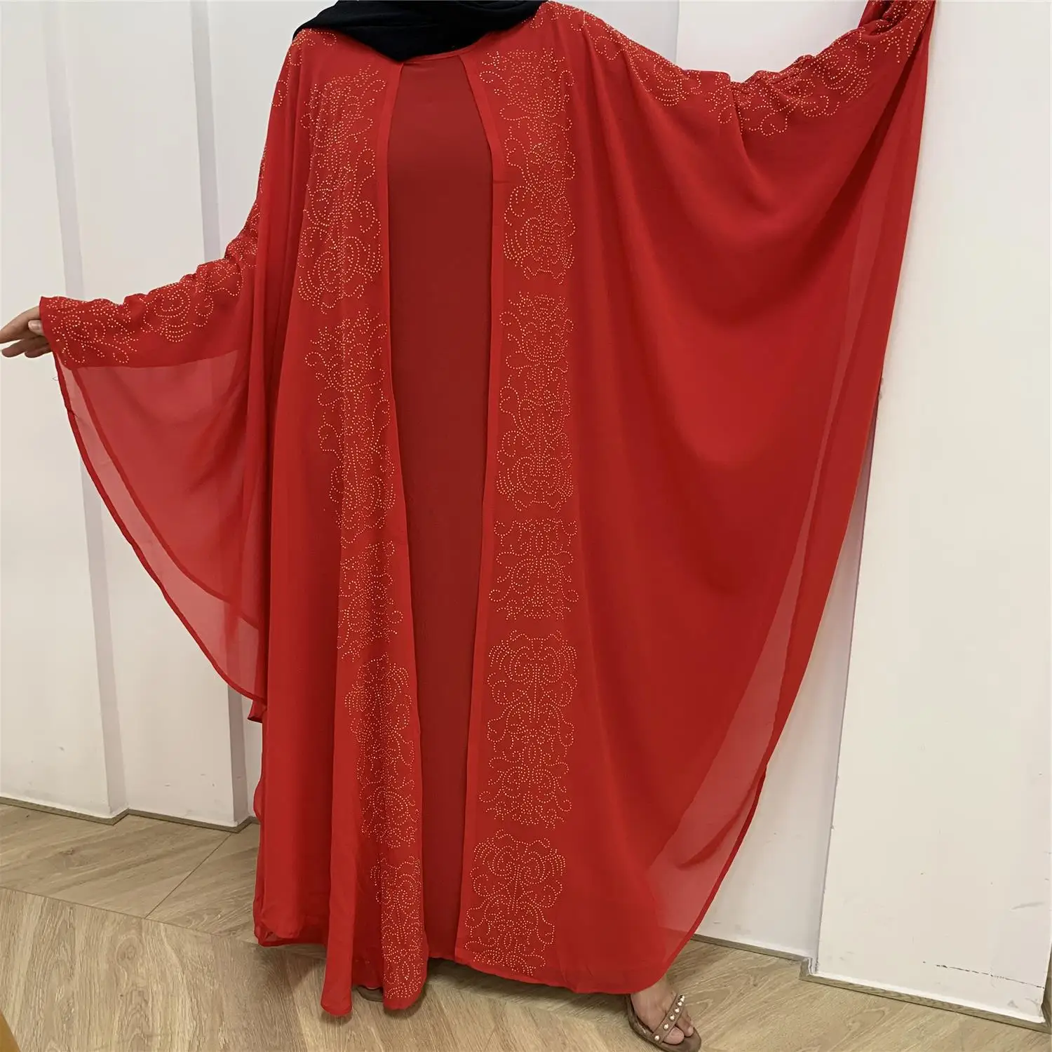 

Chiffon Fake Two-Piece Abaya Batwing Sleeve Rhinestone Embellished Solid Color Kaftan Long Dress Muslim Women Dubai Turkey