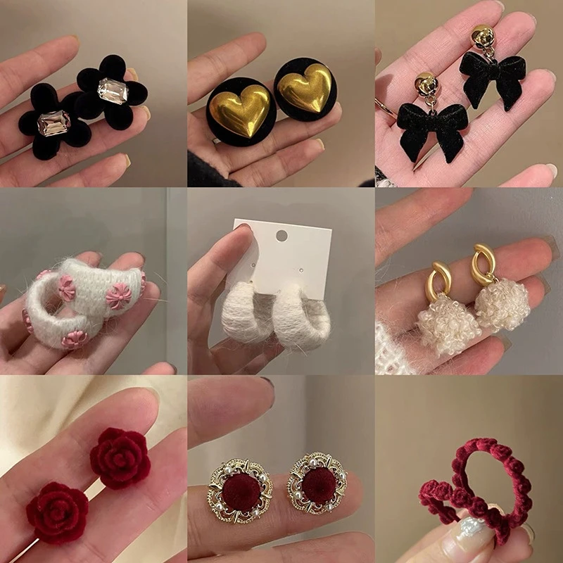 

2023 New Planting Fluff Thread Ear Studs Earrings French Bow Autumn and Winter Earrings Women's High-grade Ear Accessories