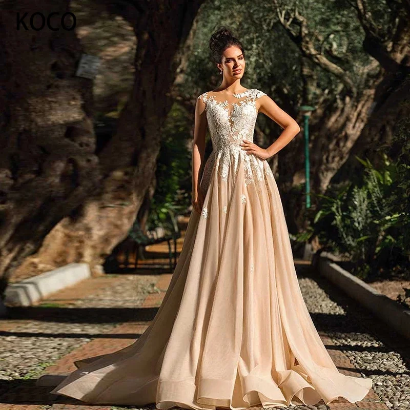 

MACDUGAL Wedding Dress 2022 Bohemia O-Neck Applique Tiered A-Line Champagne Tulle Vestido De Novia Civil for Women Custom Made
