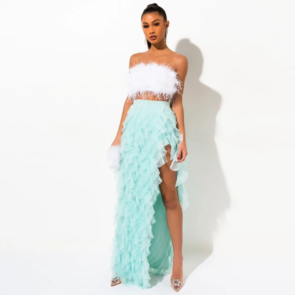 Vermelho em Camadas Exuberante até o Chão Saias Boêmio Turquesa Personalizado Moda Saia Maxi Cintura Tule