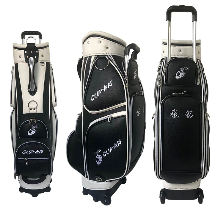 

Hot sale golf bag clothes bag with wheels easy to carry Neoprene PU lichee pattern waterproof black Tour Golf Staff PU Bag