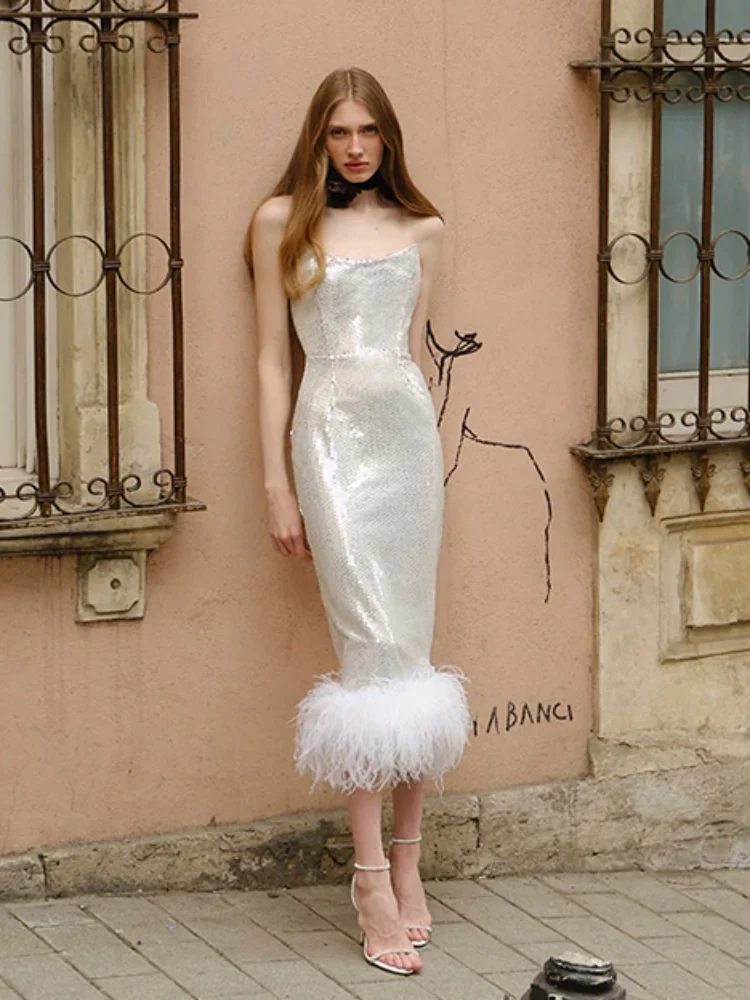 

Sexy Women Feathers Midi Bodycon Dressvestidos De Fiesta Elegantes Para Mujer 2023 Bespoke Occasion Dresses Cocktail Vestidos