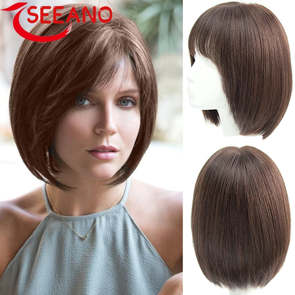 SEEANO Synthetic Short Black Wig for Girl Daily Wear Synthetic Wig New Style Natural Supple Summer Heatresistant Wig With Bangs