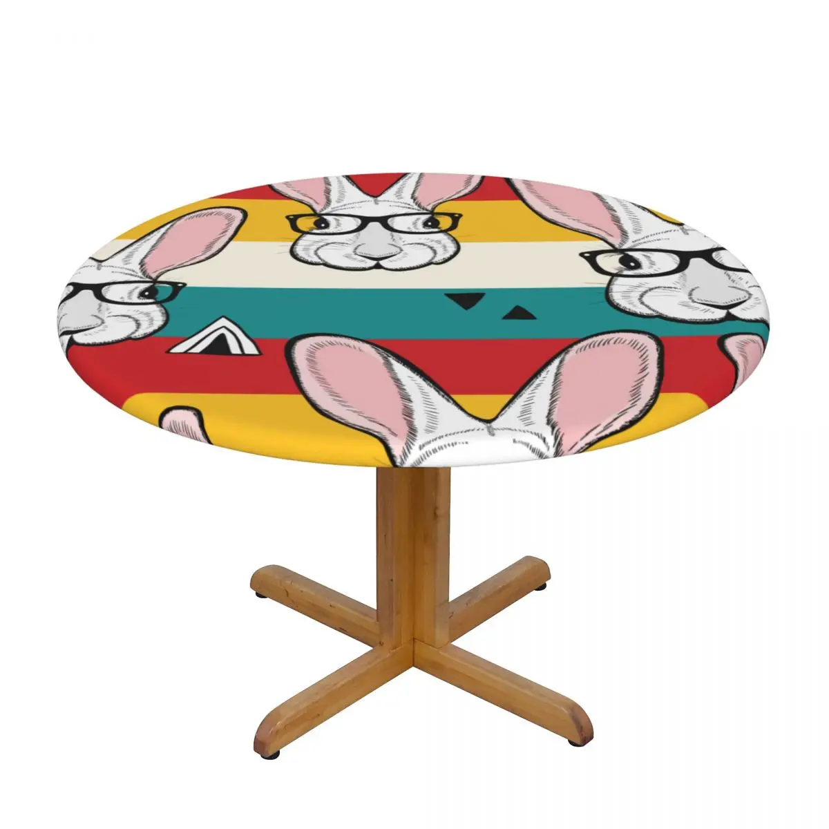 

1Pc Waterproof Tablecloths Round Elastic Tablecloth Colorful Stripes And White Rabbits Table Cloth Cover Coffee Table Pad