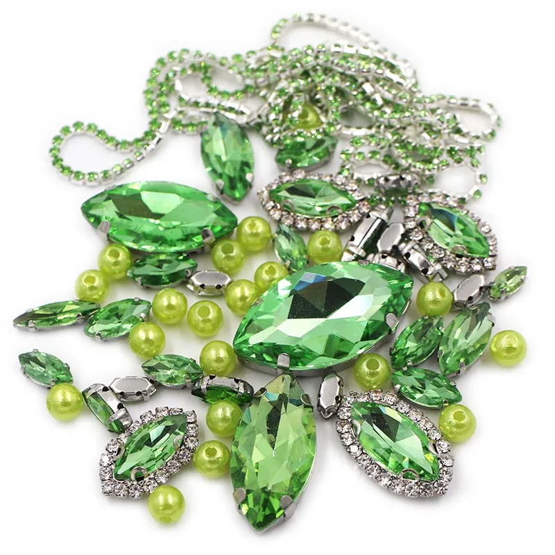 

New Fashion Light Green Horse Eye Shape Mix Size Crystal Rhinestones+Pearl +Cup Chain For Wedding Dress Jewelry Making 50pcs/Bag