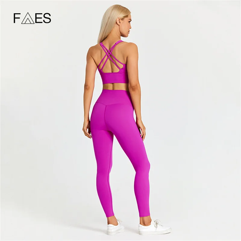 

New Solid Color Yoga Set Tight Leggings Sports Fitness Cross Gym Bra Top 2pcs Soft Sport Suit Workout Training Women Sportwear