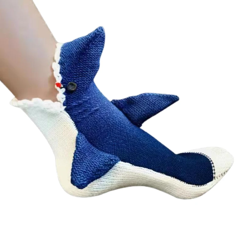 

Women Men Christmas Chunky Crochet Knit Calf Socks Novelty Funny 3D Wide Mouth Shark Eating Leg Warm Floor Slipper Socks