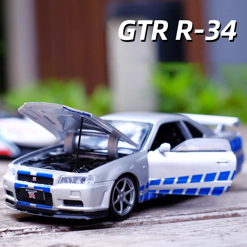 Цена Модель автомобиля Nissan Skyline Ares GTR R34, Литые и игрушечные автомобили со звуком, имитация вспышки, сборная машина, детская игрушка, 1:32