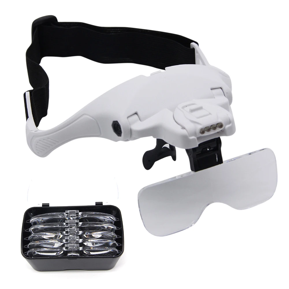 

HD Adjustable Headband Magnifiers with LED Light Hands-free Magnifying Glasses with 5 Lenses Instrument Repair Loupe for Elderly