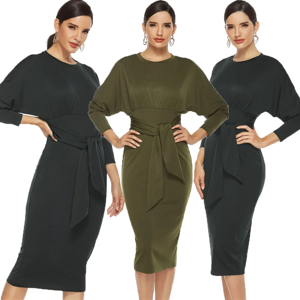 

Женское трикотажное платье-футляр, длинное однотонное облегающее платье с длинным рукавом, высокой талией и шнуровкой, весна-осень 2022