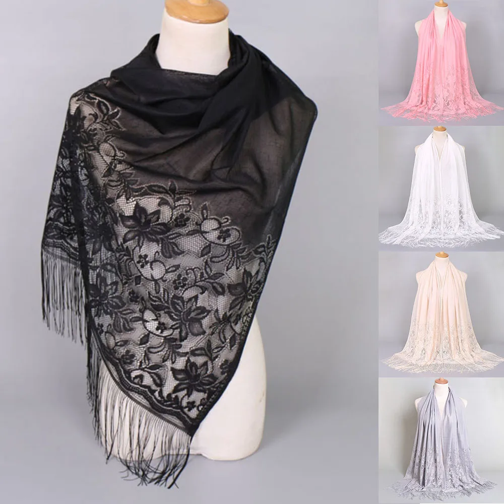 

1Pcs All-match Soft Hollow Out Crochet Floral Fringed Shawl Long Tassel Shawls Pure Color Breathable Lace Scarf Veil Head Scarf