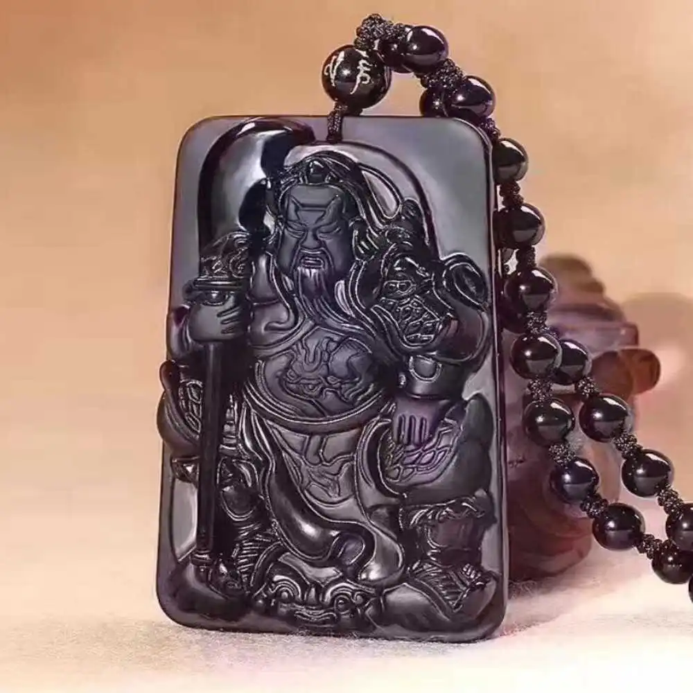 

Natural 100% Obsidian Carved Guan Yu Lucky Amulet Pendant Steel Stainless Men Amulet Fashion Gifts Choker Crystal Beads Keychain