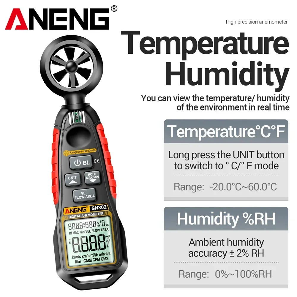 Фото Ручной анемометр ANENG GN302, 9999 отсчетов, цифровой 0,4 ~ 30,00 М/с, измеритель скорости ветра,-C ~ C, тестер температуры №2