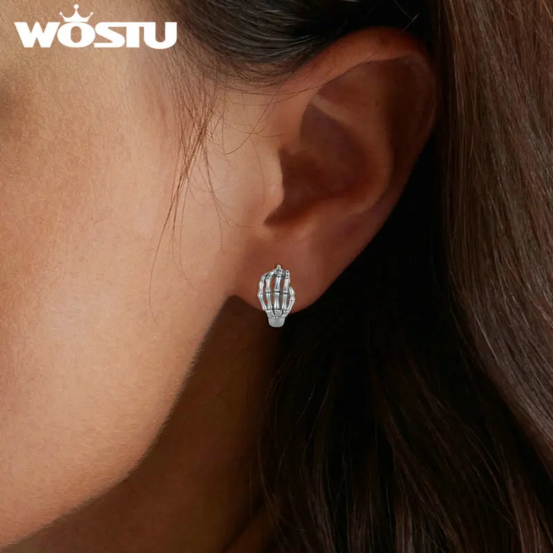 WOSTU 925 Череп из стерлингового серебра кольцо для открытия ушной пряжки окисленное