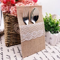 20pcs lace burlap cutlery pouch vintage jute hessian knife fork holder rustic wedding decoration party birthday tableware bag