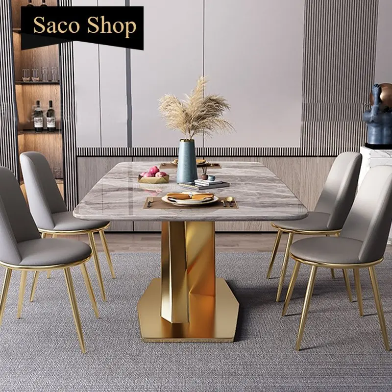 

New Luxury Nordic Glossy Marble Dining Table For 6 People Creative Large And Small Family Stainless Steel Gilded Kitchen Table