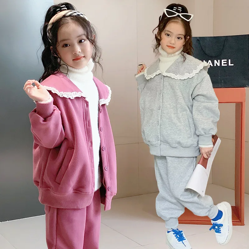 Children's Plush Casual Suit 2022 Winter Princess Style Two-Piece Set Girl's Jacket Pants