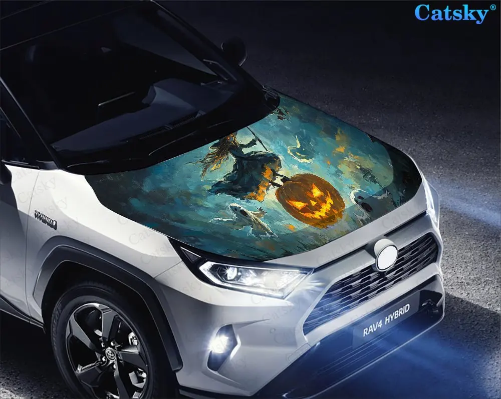 Виниловая наклейка на капот автомобиля с изображением светящейся тыквы