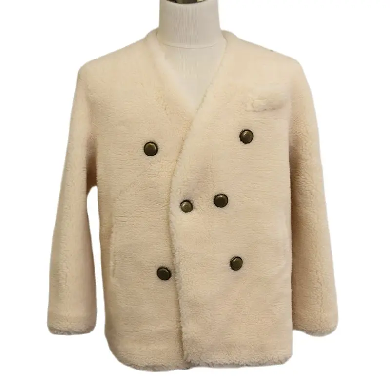 Женское теплое пальто на пуговицах бежевое с V-образным вырезом одежда для женщин