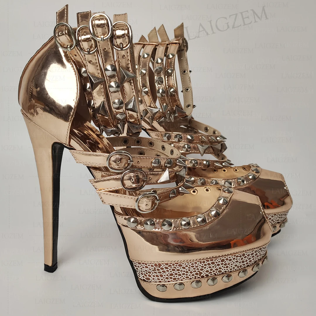 

SEIIHEM Studded Women Platform Pumps Studded Stiletto High Heels Sandals Party Prom Shiny Ladies Shoes Woman Big Size 39 41 45