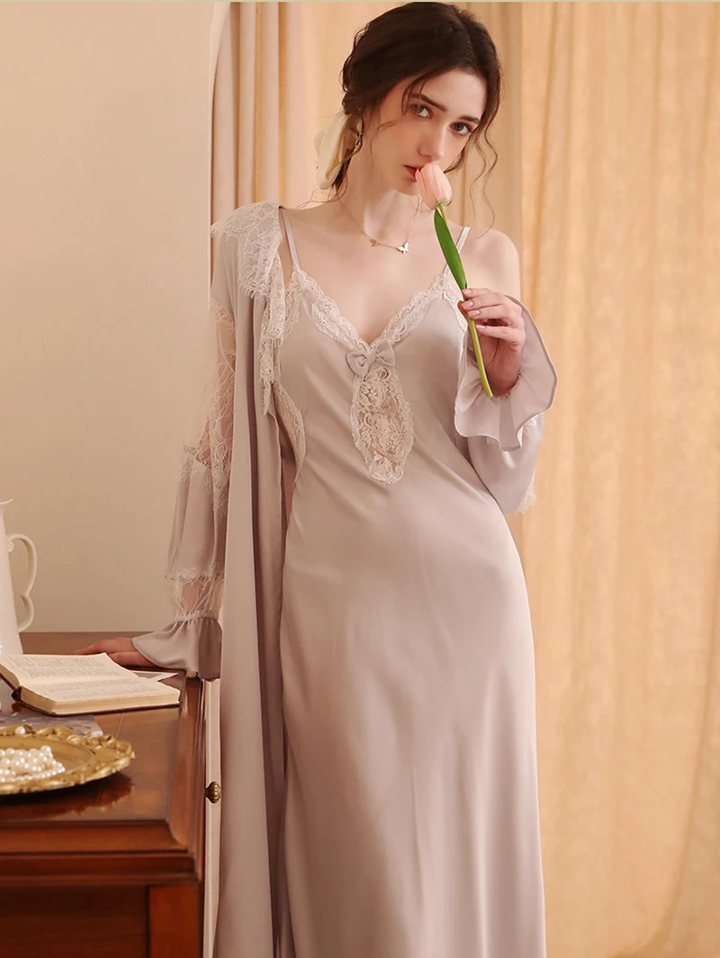 French Silk Robe Backless Nightdress Spring Feminine Lace Sexy Two-piece Sleepwear Set Victorian Pajamas for Women Home Clothes