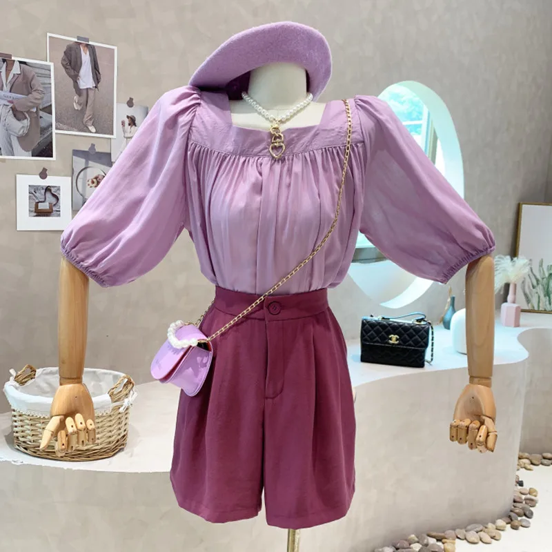 

New Women's Clothing 2022 Summer Vintage square neck bubble short sleeve top + high waist and wide leg shorts two-piece set