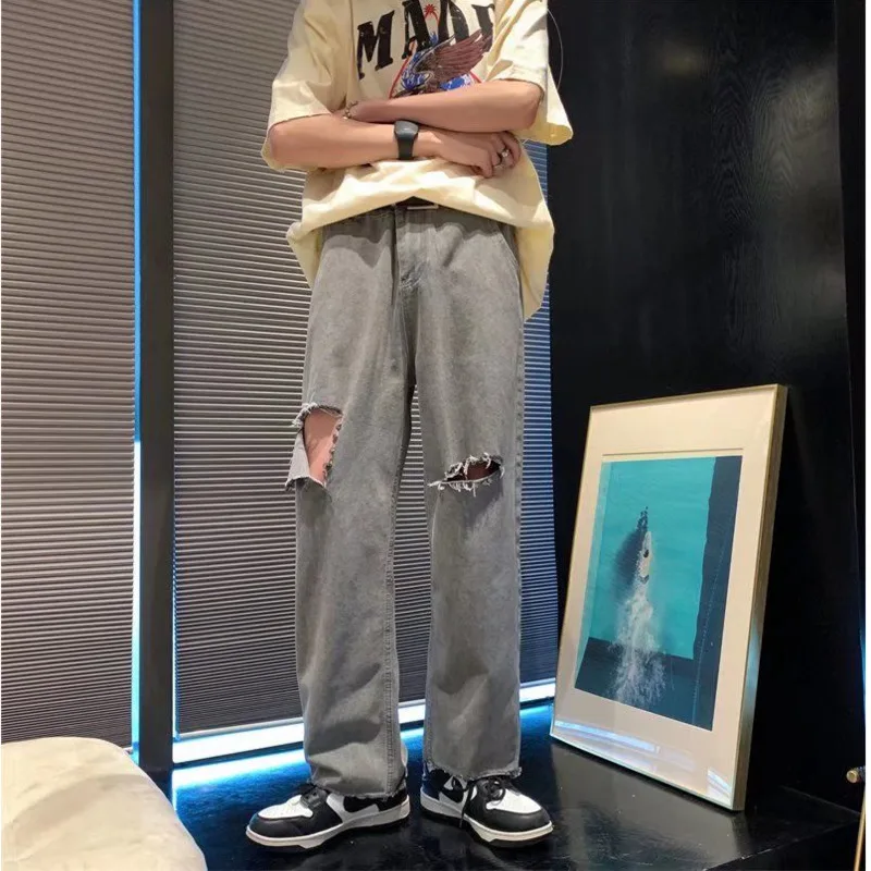 Summer Ripped Jeans Men's Fashion Casual Hole Wide Leg Jeans Men Streetwear Hip Hop Loose Straight Denim Pants Mens Trousers
