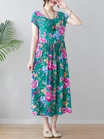 chinese style summer floral dress vintage cotton linen dress short sleeve o neck casual loose maxi dress for women robe femme