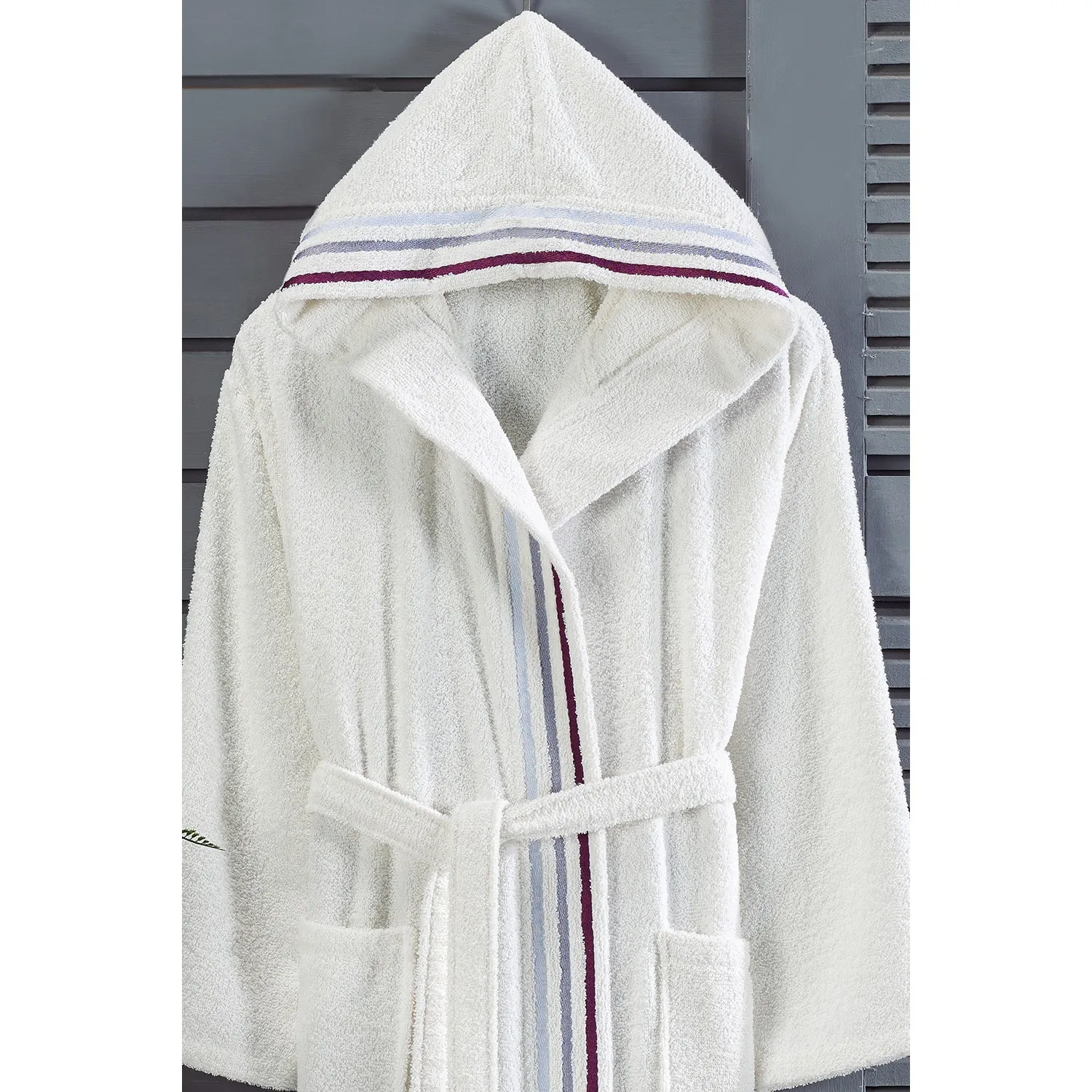 Özenev Hooded 2 Piece Family Bath Robe Set Cotton Striped Groined Soft Luxury Mürdüm Quality Elegant Appearance Strong Absorbency