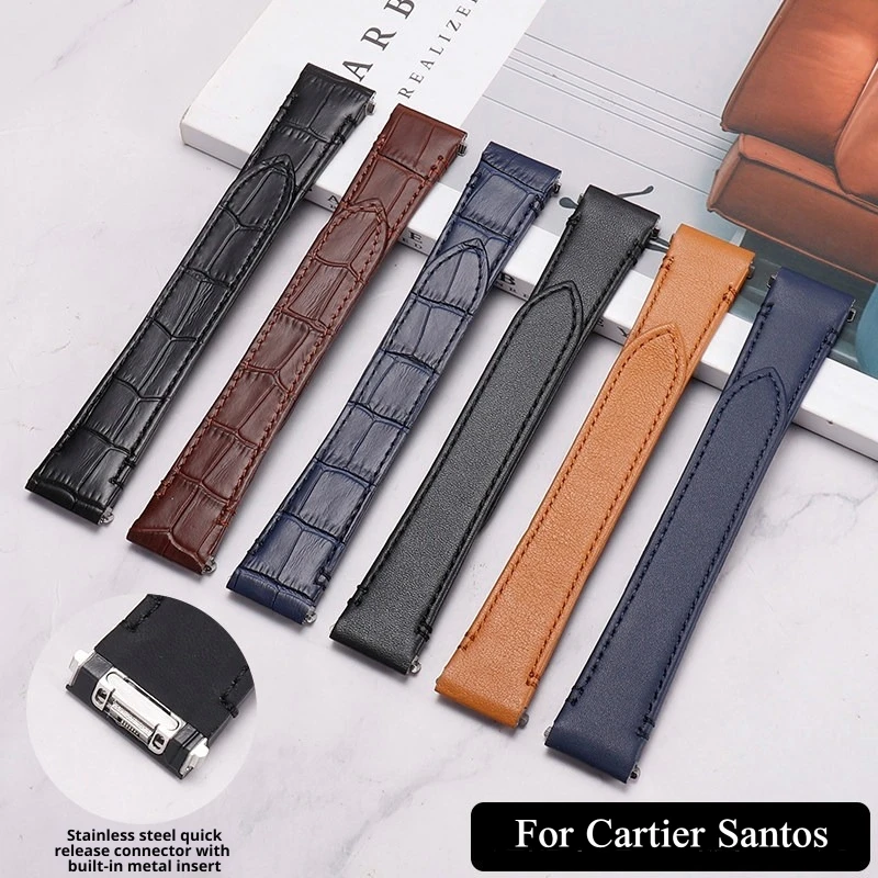 Фото Высококачественный ремешок для часов из воловьей кожи для Cartier Santos 19, 21 мм, быстросъемный ремешок для часов с металлической вставкой и пряжкой из нержавеющей стали №4