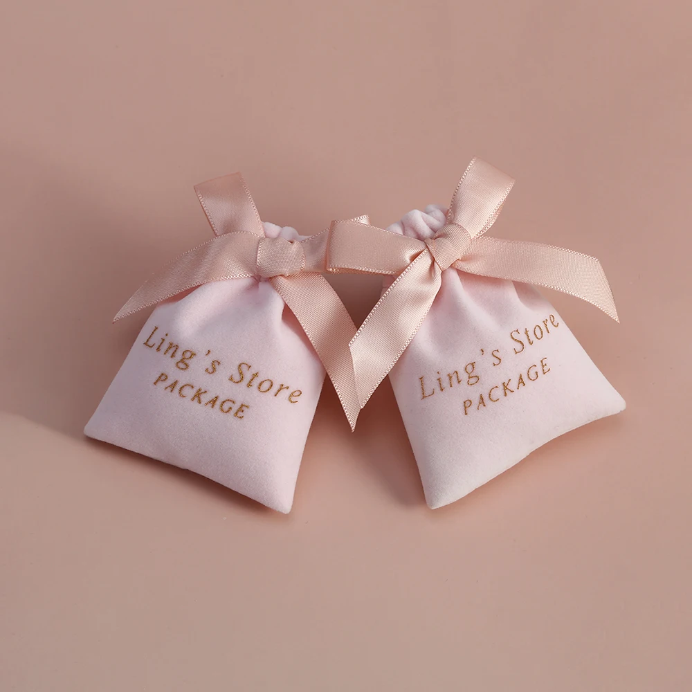 50Pcs Pink Velvet Bag with Ribbon Flannel Jewelry Bag Gift Pouch for Wedding Candy Gift Packing Christmas Decoration Custom Logo