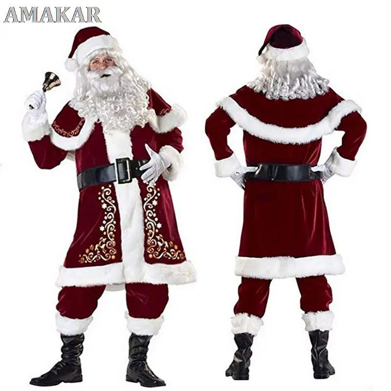 

Santa Claus Suit Man Adult Cosplay Christmas Costume Red Deluxe Velvet Fancy 8 Pcs Set Xmas Party Family Costume