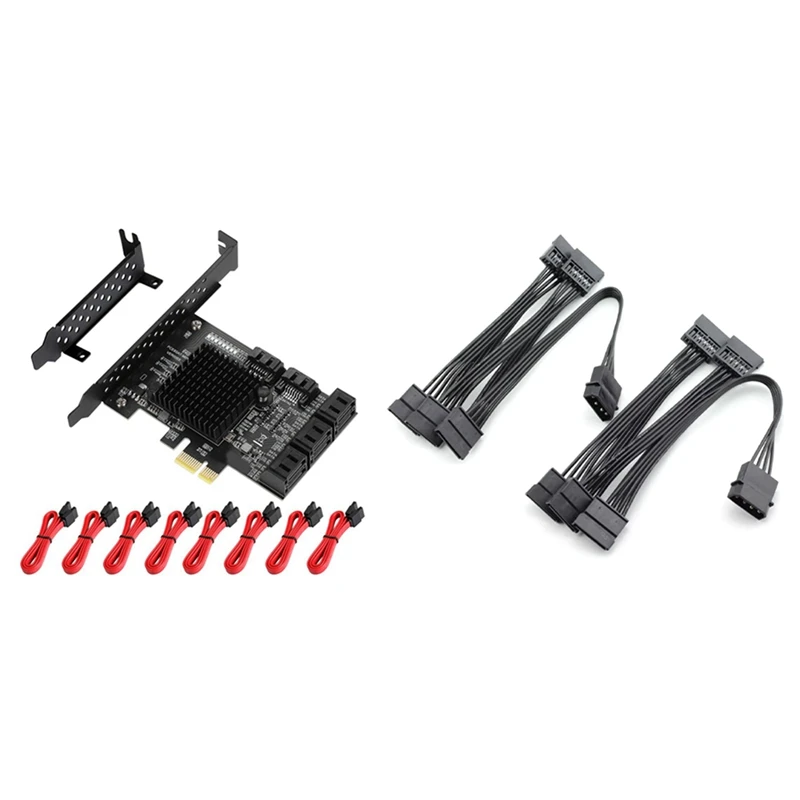 

8PCS Pcie To SATA Card 8 Port 6G SATA Expansion Card With 2PCS Molex 4Pin IDE To 5 SATA 15Pin Supply Splitter Cable