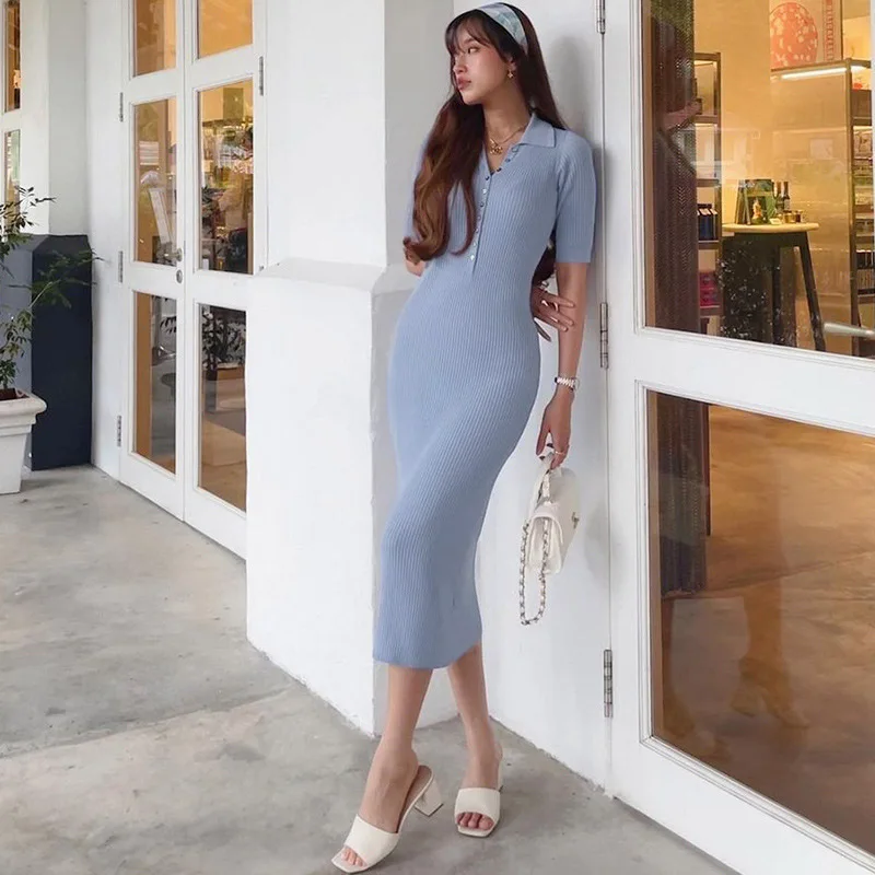 Женское трикотажное платье-трапеция офисное с длинной юбкой до бедер весна-лето