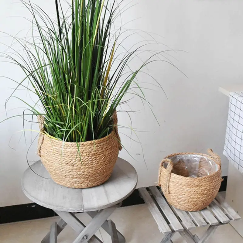 

D0AD Nordic Handmade Straw Storage Basket Floor Indoor Flower Pot Planter Home Living Room Bedroom Decoration
