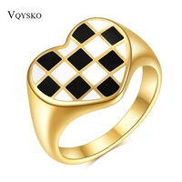 classic enamel black white checkerboard jewelry chunky rings for women stainless steel heart dome rings accessories