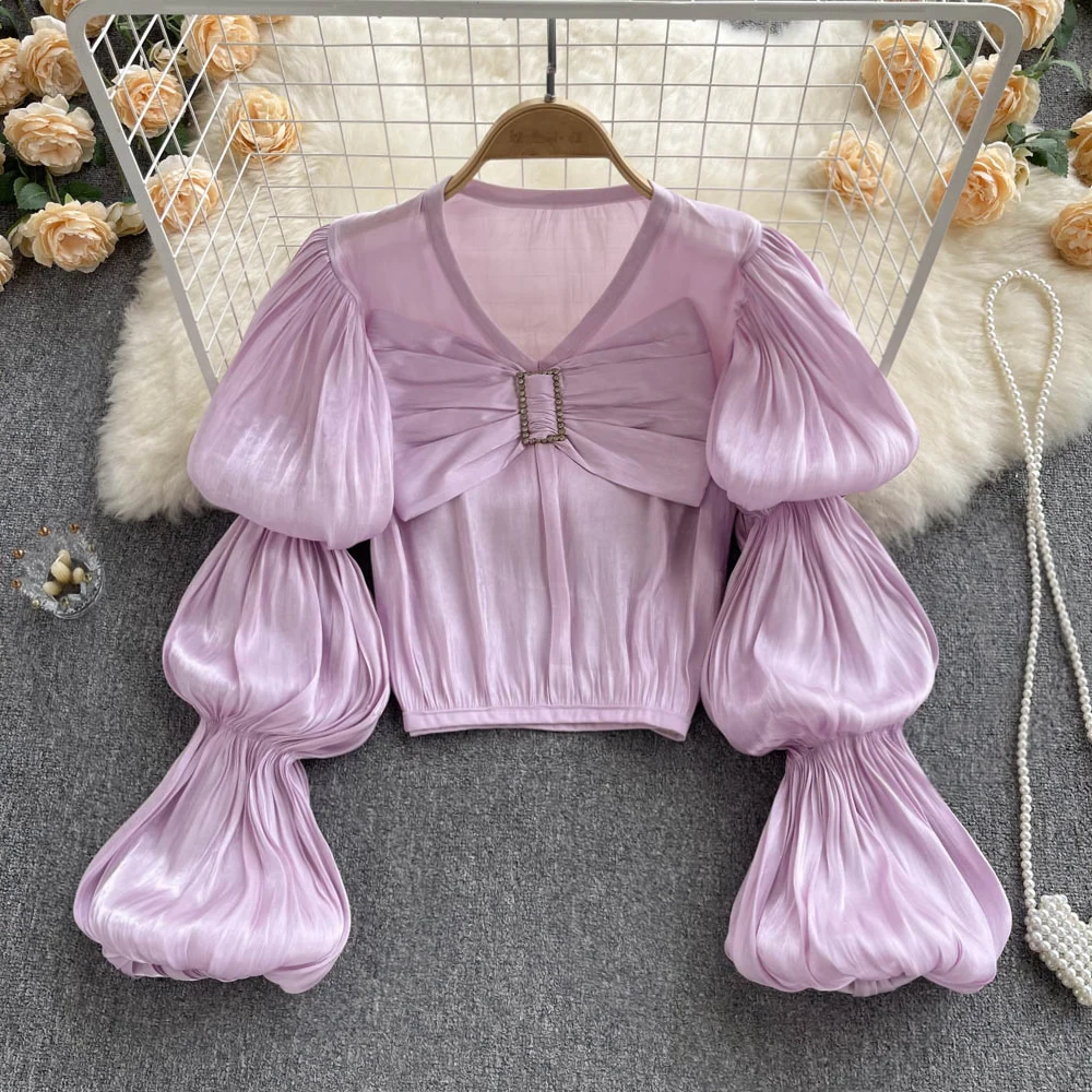 

New Fashion Women Spring Summer Solid Color V-neck Bow Long Sleeve Chiffon Shirt Elegant Tops Blusas Para Mujer Blouse E713