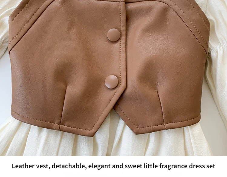 Mom and Daughter Parent-child Dresses 2022 Autumn School Girl Retro French Lantern Sleeve Dress Tube Top leather Vest Two-piece