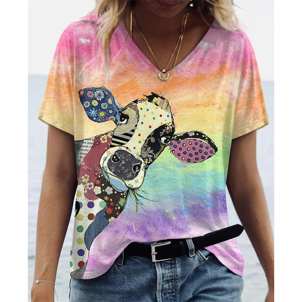 V-Neck T Shirt For Women 3d Cute Cow Animals Print Shirt Sleeve Summer Women's T-shirts Harajuku Casual Oversized Female Clothes