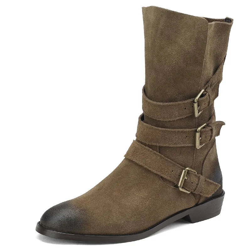 

Dilalula New Women Mid-Calf Boots Fashion Metal Cow Suede Leather Low Heels Comfort Casual Shoes Woman Autumn Winter 2022
