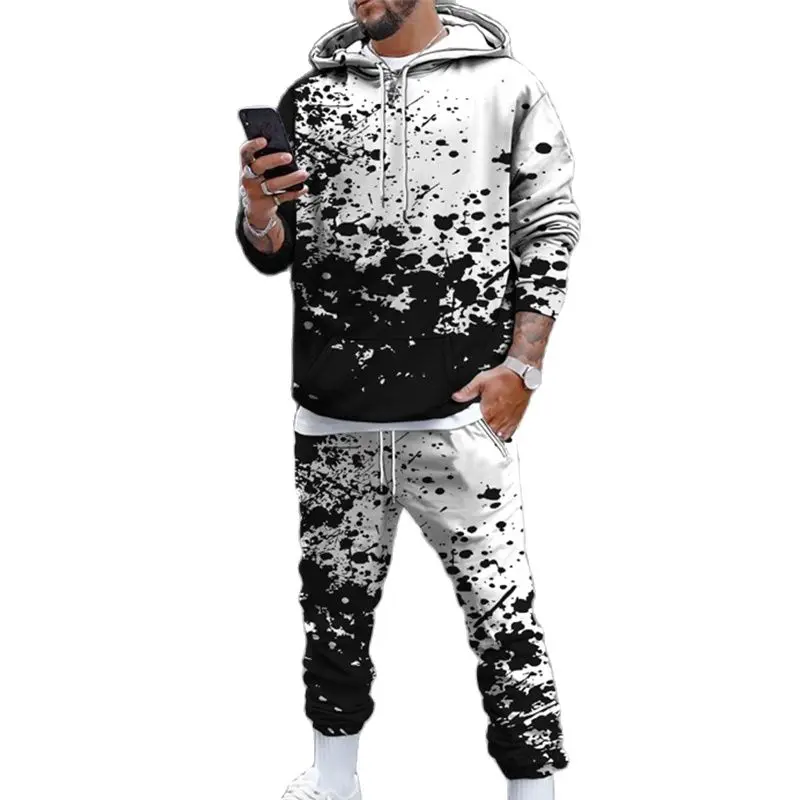 

Autumn Winter Men's 2 Piece Set Warm Splash-Ink Print Casual Long Sleeve Oversize Hoodie Sweater Top+Sweatpant Tracksuit Outfit