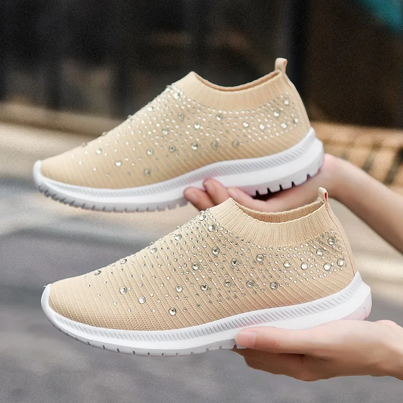 Women Casual Sneakers Knitted Flats Loafers Ladies Slip-on Sock Shoes Women's Luxury Crystal Vulcanized Zapatillas Mujer