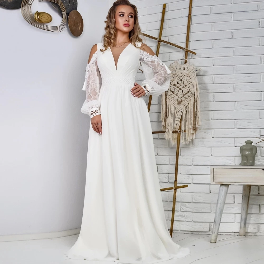 

Chiffon O Neck Off The Shoulder Wedding Dresses High Quality Backless Long Sleeves With Lace A Line Bridal Gowns Custom Made