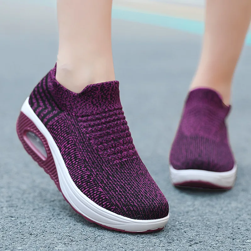 Light Women's Sneakers Air Cushion Cushioning Stretch Cloth Sock Shoes Slip on Platform Casual Sport Footwear Morning Running