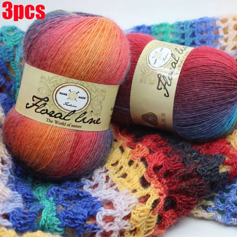 

3pcsX100g crochet yarn lanas Cashmere Yarn knitting Rainbow Line Melange Combed Sewing