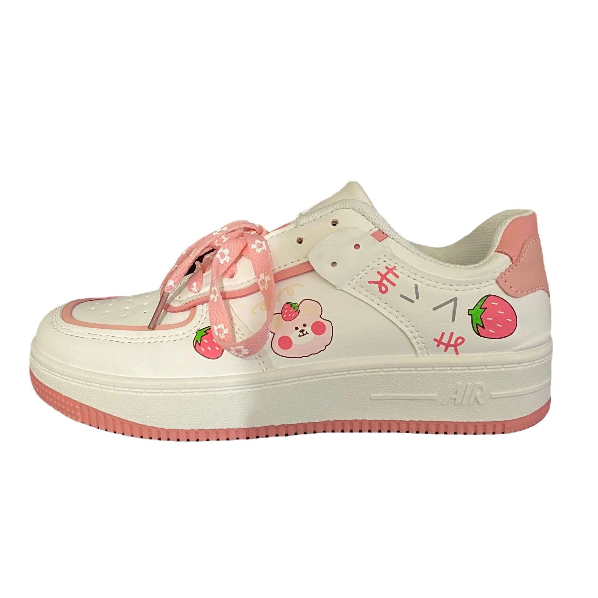 

Pink White Sports Shoes Woman 2023 New Strawberry Bear Platform Sneakers Vintage Casual Vulcanize Kawaii Tennis Female Flats